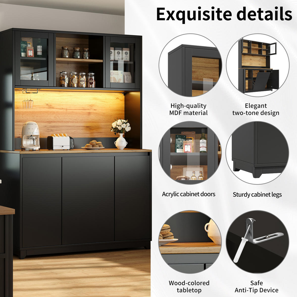 BUFFET mit Acryltüren LED-Beleuchtung offenen Regalen und Stauraum Schwarz 120/40/180 cm - Transparent/Schwarz, Holzwerkstoff/Metall (120/180/40cm) - EVRYAE