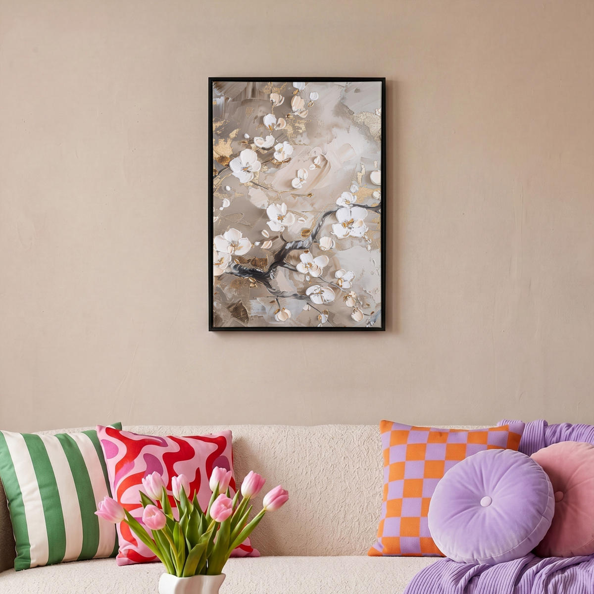 LEINWAND Bilder mit Rahmen - Blumen - Weiß - Gold - Beige - Luxus - 40x60 - Greige, Textil (40/60cm) - MuchoWow
