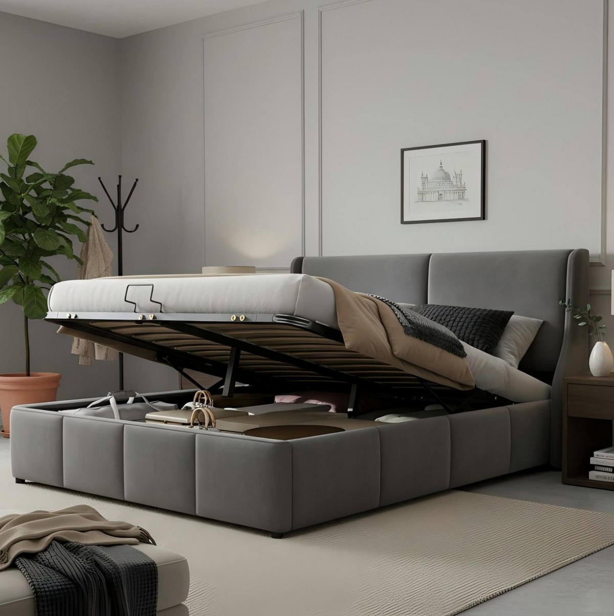 BETT mit Bettkasten 140x190 cm Velvet Gray - Grau, Metall (140/190cm) - Meubliv