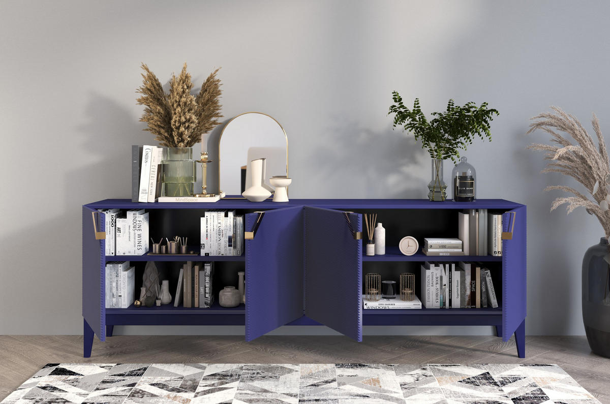 SIDEBOARD Demi Long, Marinblau-Gold, Mit Gefrästen Fronten, Massive Buche - Dunkelblau, Holz/Holzwerkstoff (201.5/70/42cm) - Visby