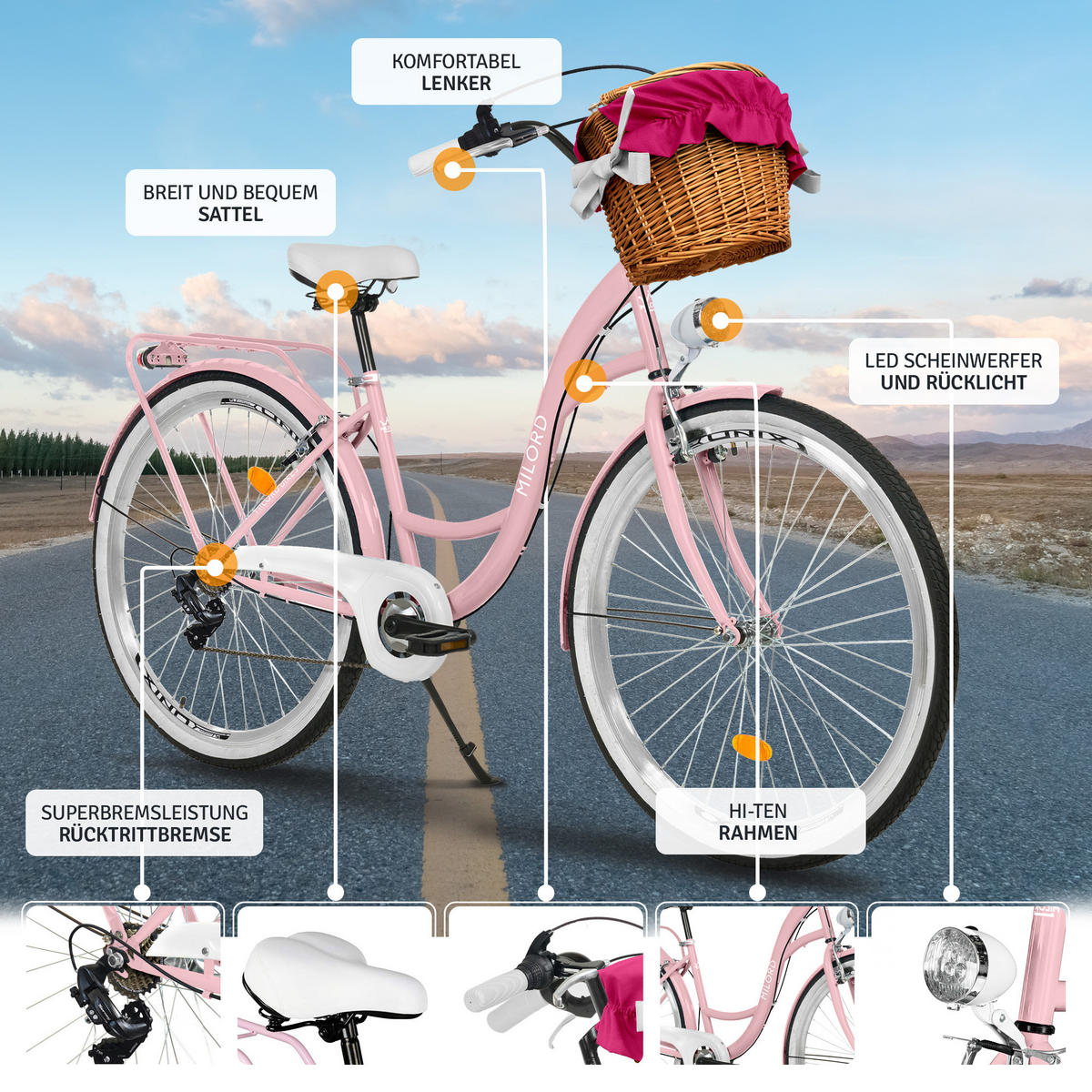 CITY-FAHRRAD Milord mit Weidenkorb, 28 Zoll, Rosa, 7-Gang - Pink, Metall (46cm) - Milordbikes