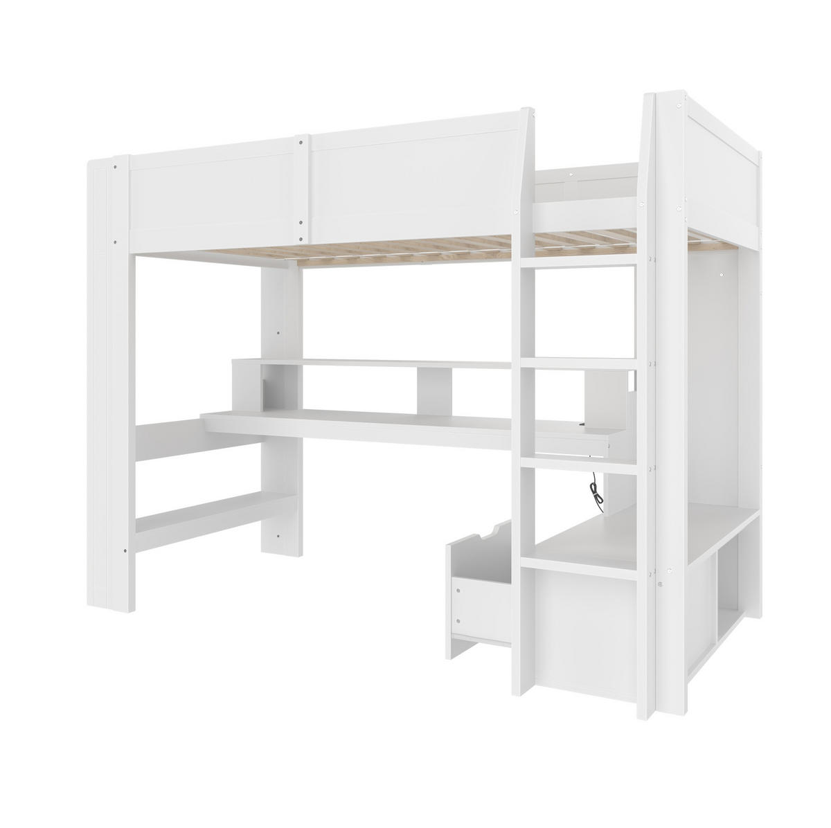 HOCHBETT mit Schreibtisch 90/200 cm in Weiß – mit LED, Regal und Schublade - Weiß, Holz (90/200cm) - BEAOK