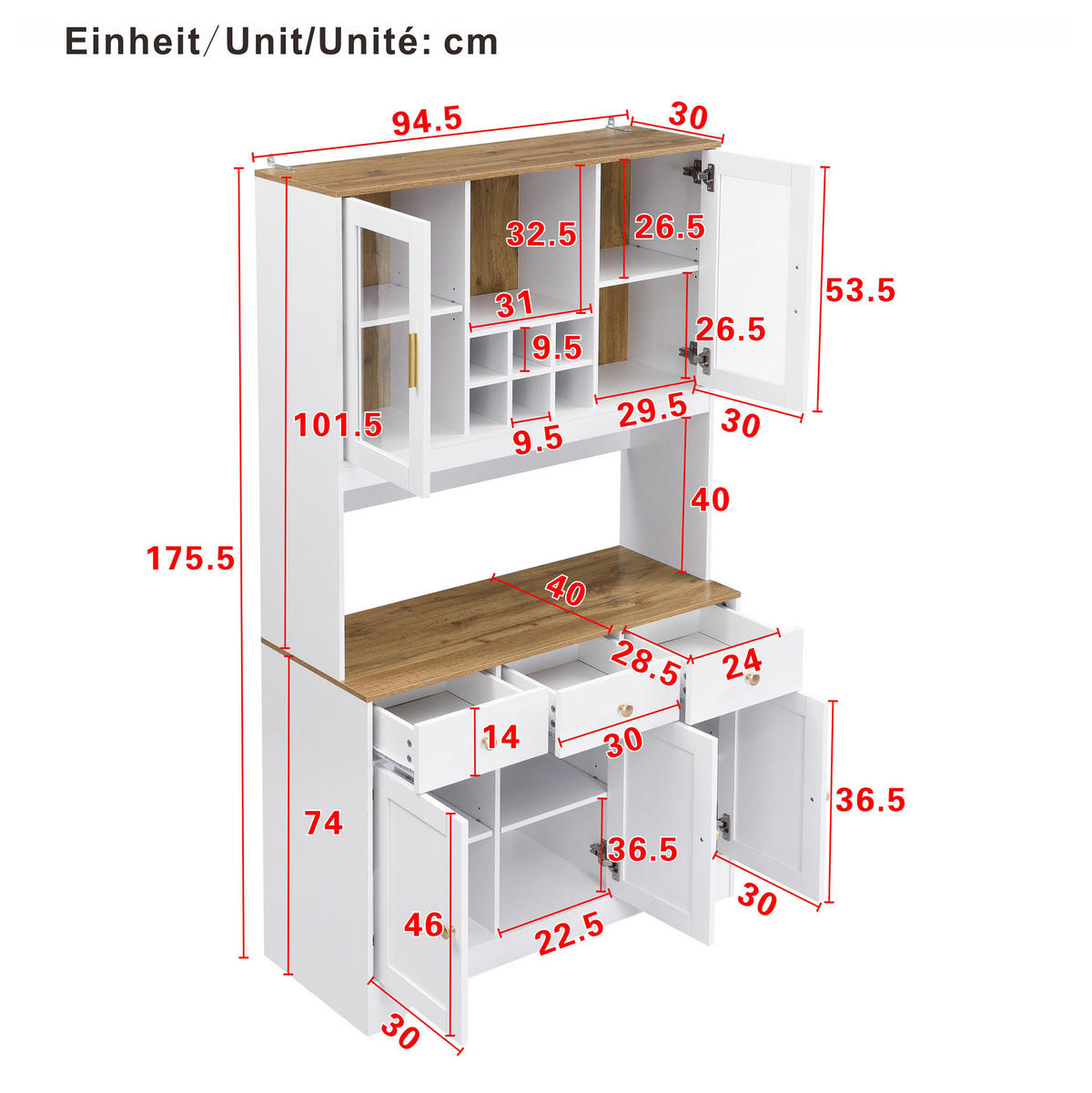 HIGHBOARD 94,5/30/175,5 cm in Weiß mit 5 Türen, 3 Schubladen und Vitrinenfächern - Weiß, Holzwerkstoff (94.5/175.5/30cm) - Flora Grace