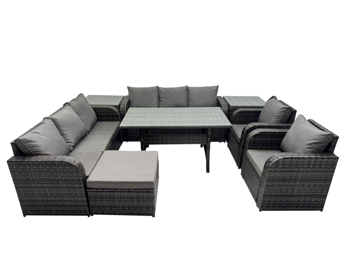 GARTENTISCHGRUPPE mit 2 Beistelltischen,Hocker Polyrattan Dunkelgrau 9-Sitzer - Dunkelgrau/Grau, Glas/Kunststoff - Fimous
