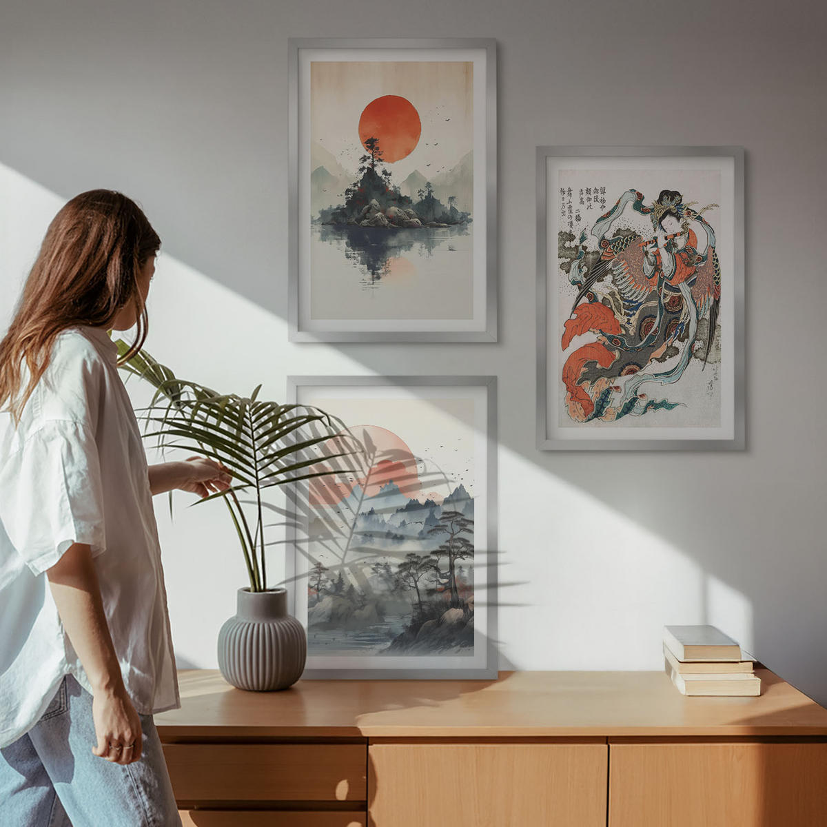WANDBILDER 3er Set - 40x60 cm Silberner Rahmen - Asiatische Japandi-Malereien - Silberfarben, Kunststoff (40/60cm) - ArtPrintCave