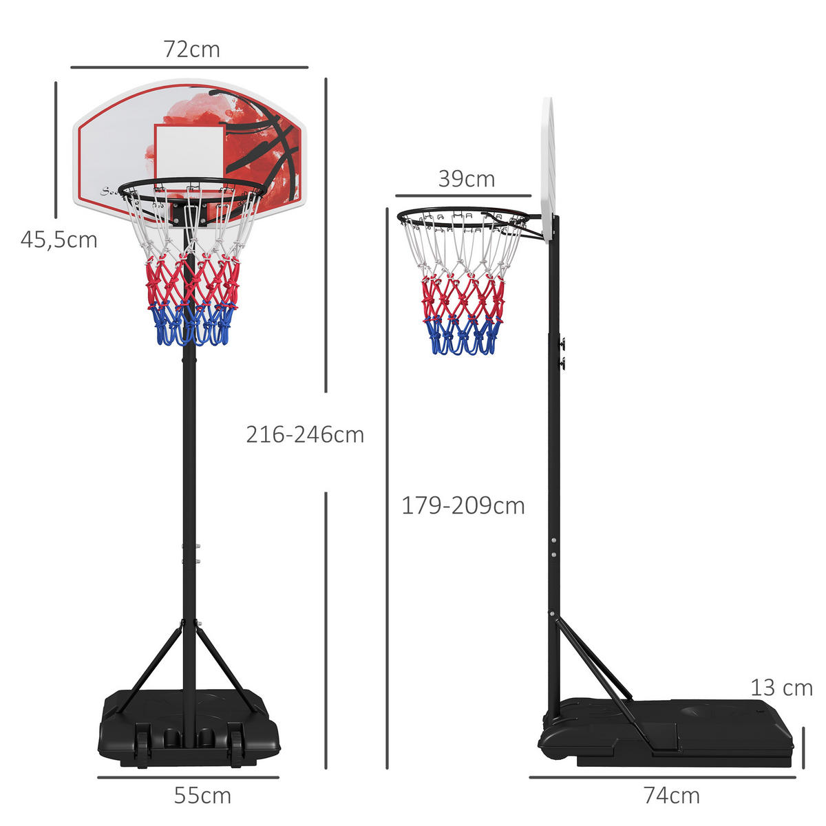 BASKETBALLKORB DE-10450 höhenverstellbar, freistehend mit Rädern - Multicolor, Metall (2.1/72cm) - ComfortXL