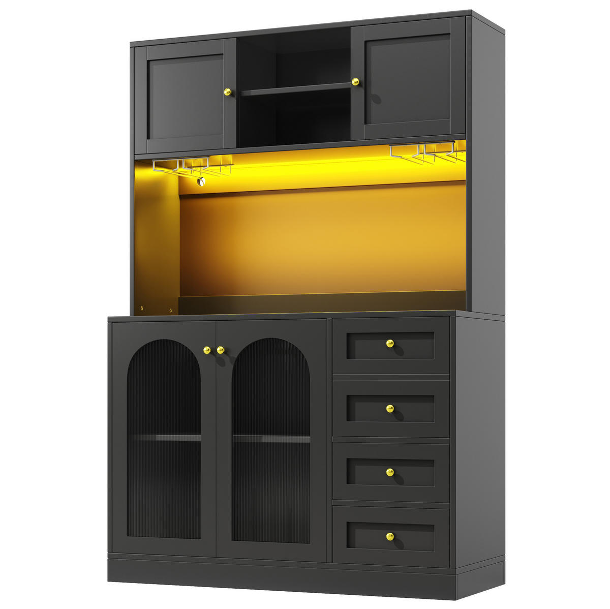 BUFFET 120/40/188 cm s LED osvětlením, úložnými policemi a protiskluzovým systémem, Černá - černá, kompozitní dřevo (120/188/40cm) - Redom