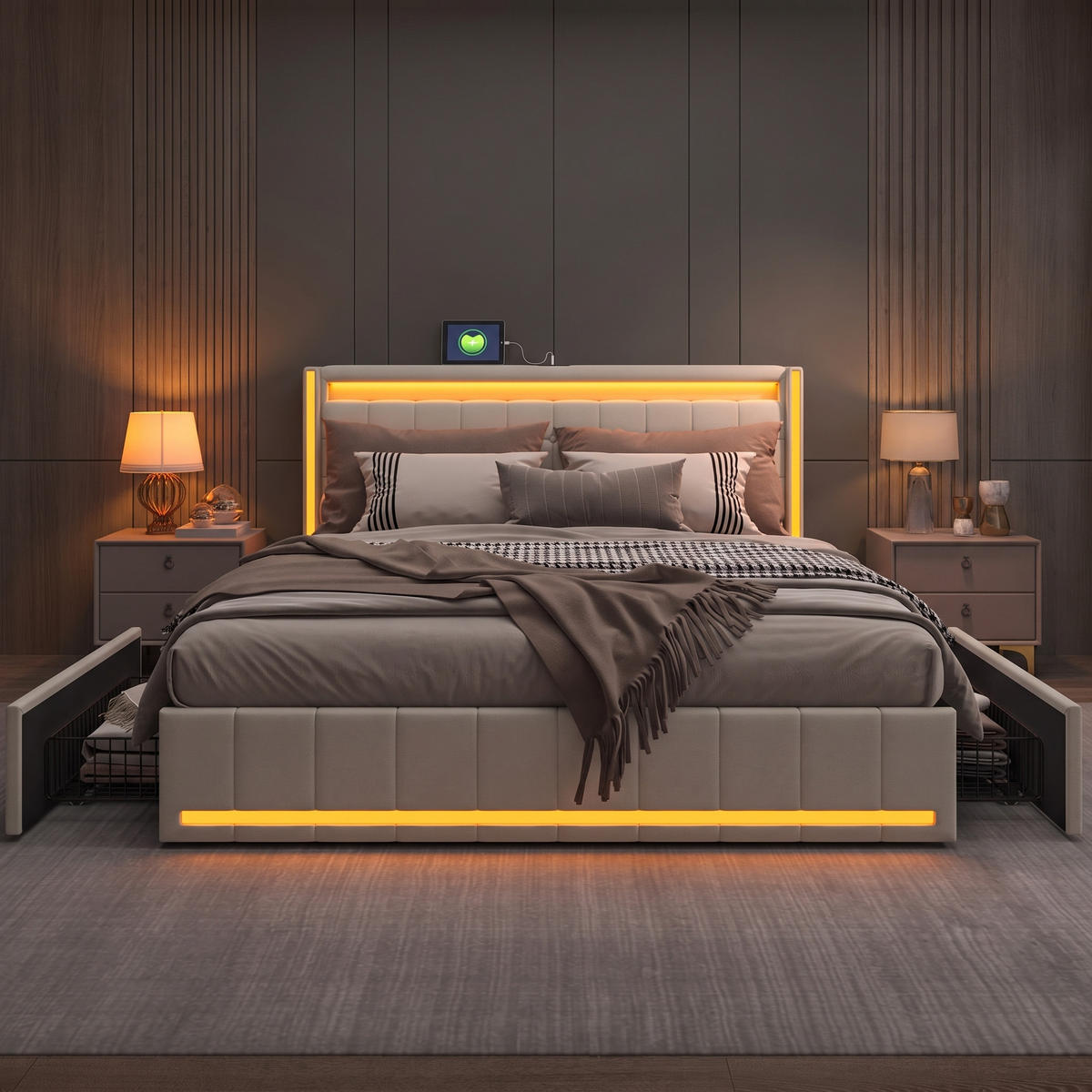 ČALÚNENÁ posteľ 140x200 béžová ľanová so zásuvkami s LED diódami - béžová, kov - SHOPENTRA