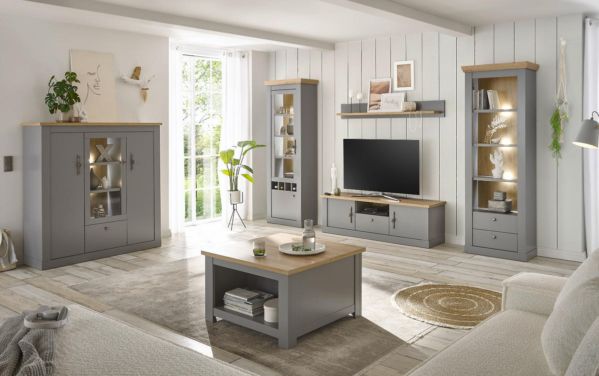 SIDEBOARD grau, Artisan Eiche Landhaus, Kommode 198 x 104 cm - Silberfarben/Hellgrau, Holzwerkstoff/Metall (198/104/44cm) - Furn.Design