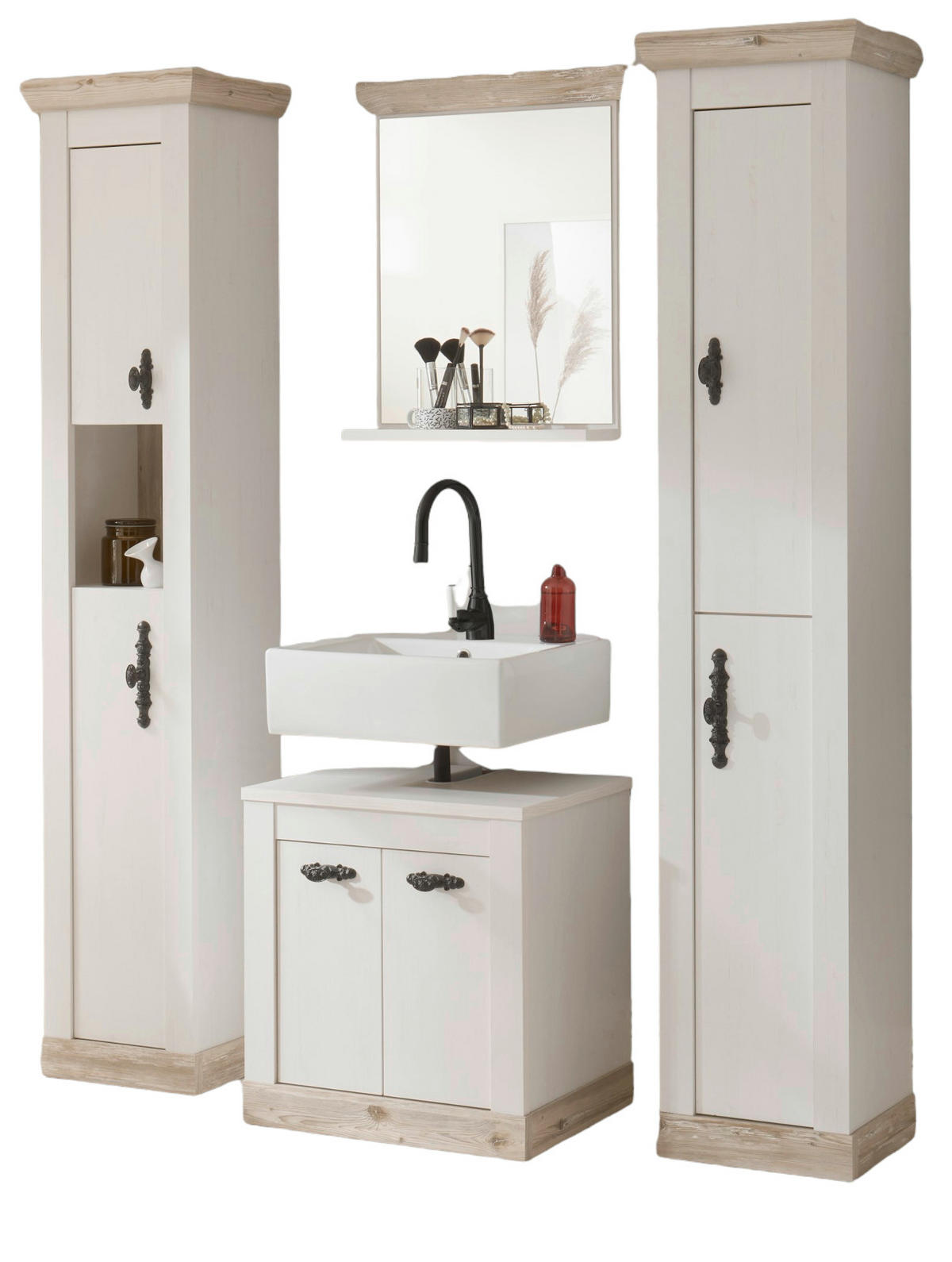 BADKOMBINATION Pinie weiß, Oslo Pinie Landhaus, Badmöbel Set 4-tlg., 184 x 200 cm - Dunkelgrau/Weiß, Holzwerkstoff/Metall (184/200/46cm) - Furn.Design