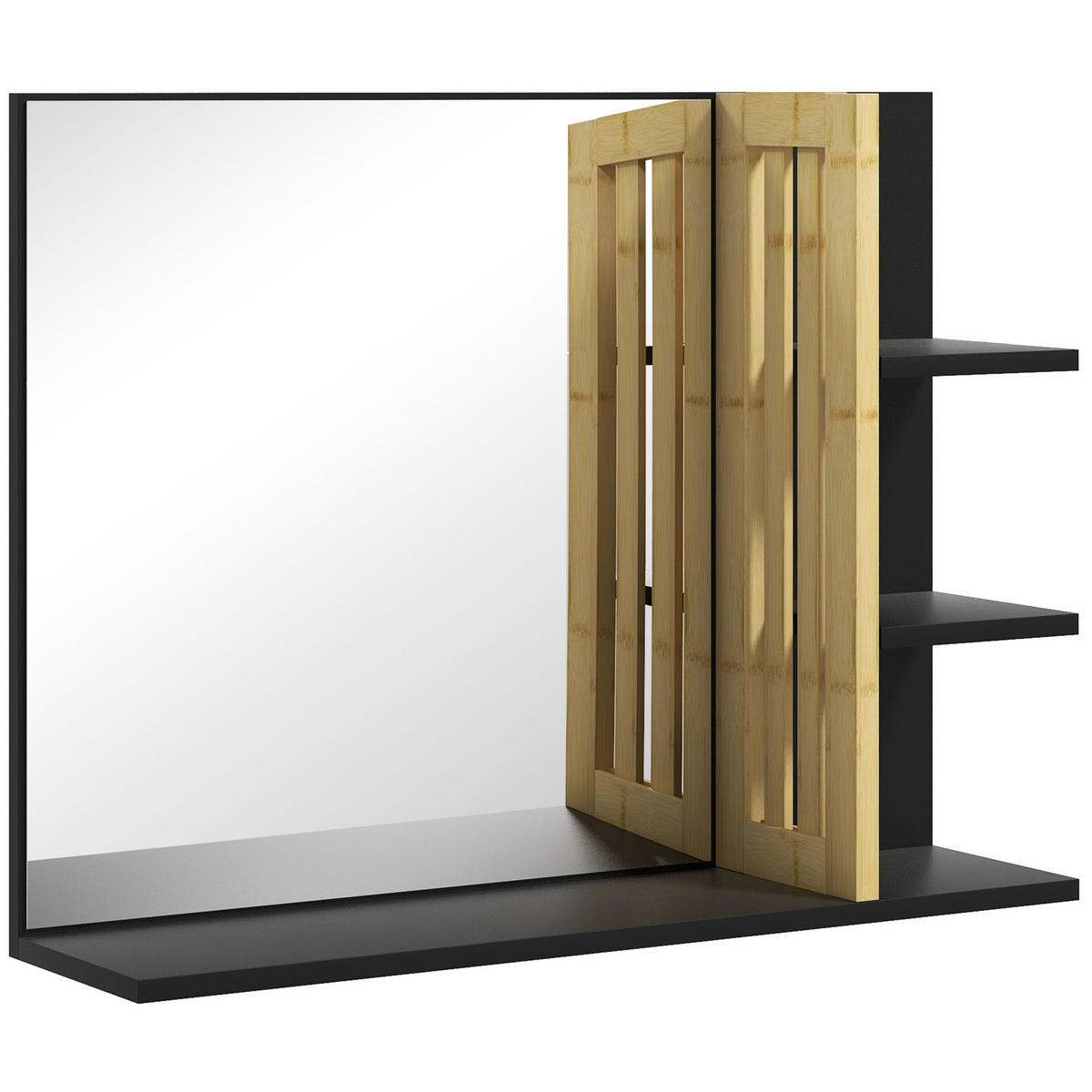 BADEZIMMERSPIEGEL DE-15147 3 Seitenablagen + untere Ablage Bambus - Schwarz, Holzwerkstoff (15/58.5/45cm) - ComfortXL