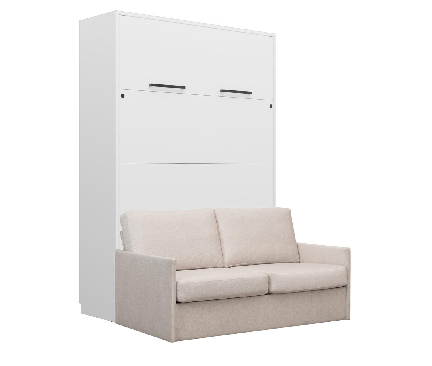 SCHRANKBETT Wandbett GN 140x200 weiß mit LED & Sofa - Beige - Beige/Schwarz, Holz/Holzwerkstoff (140/200cm) - QMM TraumMöbel
