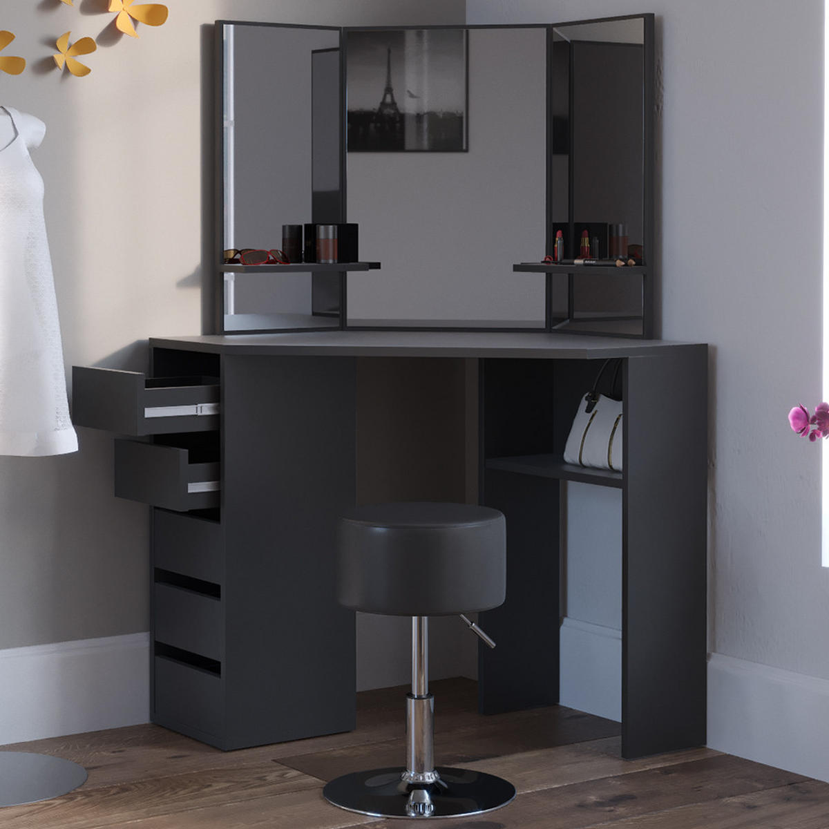 ECKSCHMINKTISCH Arielle Schwarz 110 cm mit Hocker - Schwarz, Holzwerkstoff (110/141.5/54cm) - Vicco
