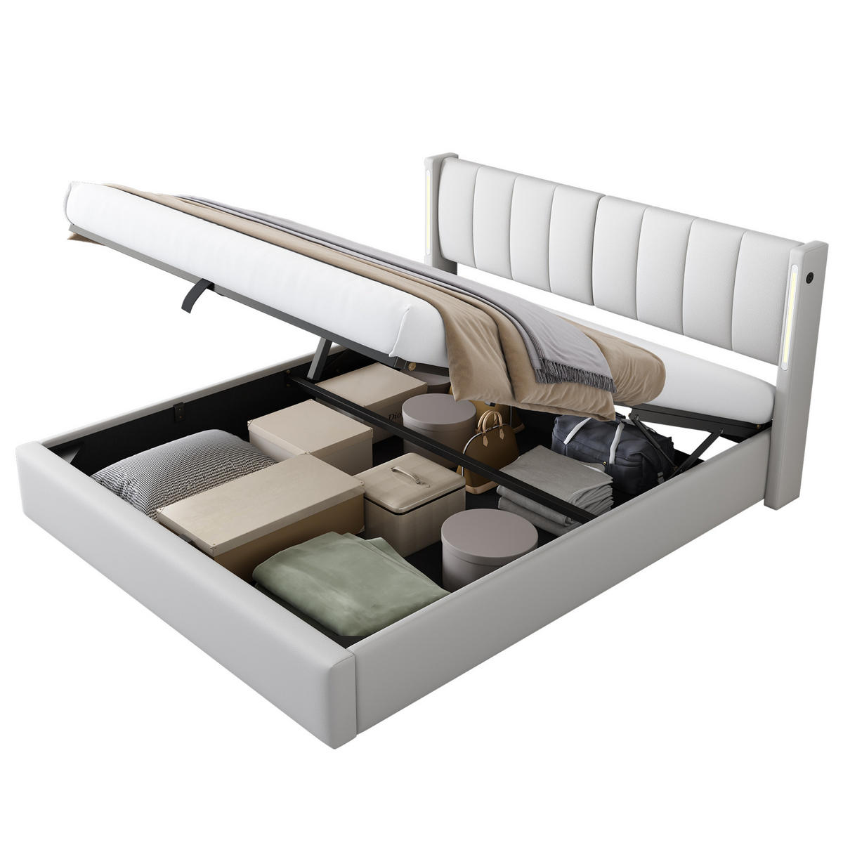 POLSTERBETT 160/200 cm Weiß mit Stauraum und USB-Anschluss - Weiß, Kunststoff (160/200cm) - OKWISH
