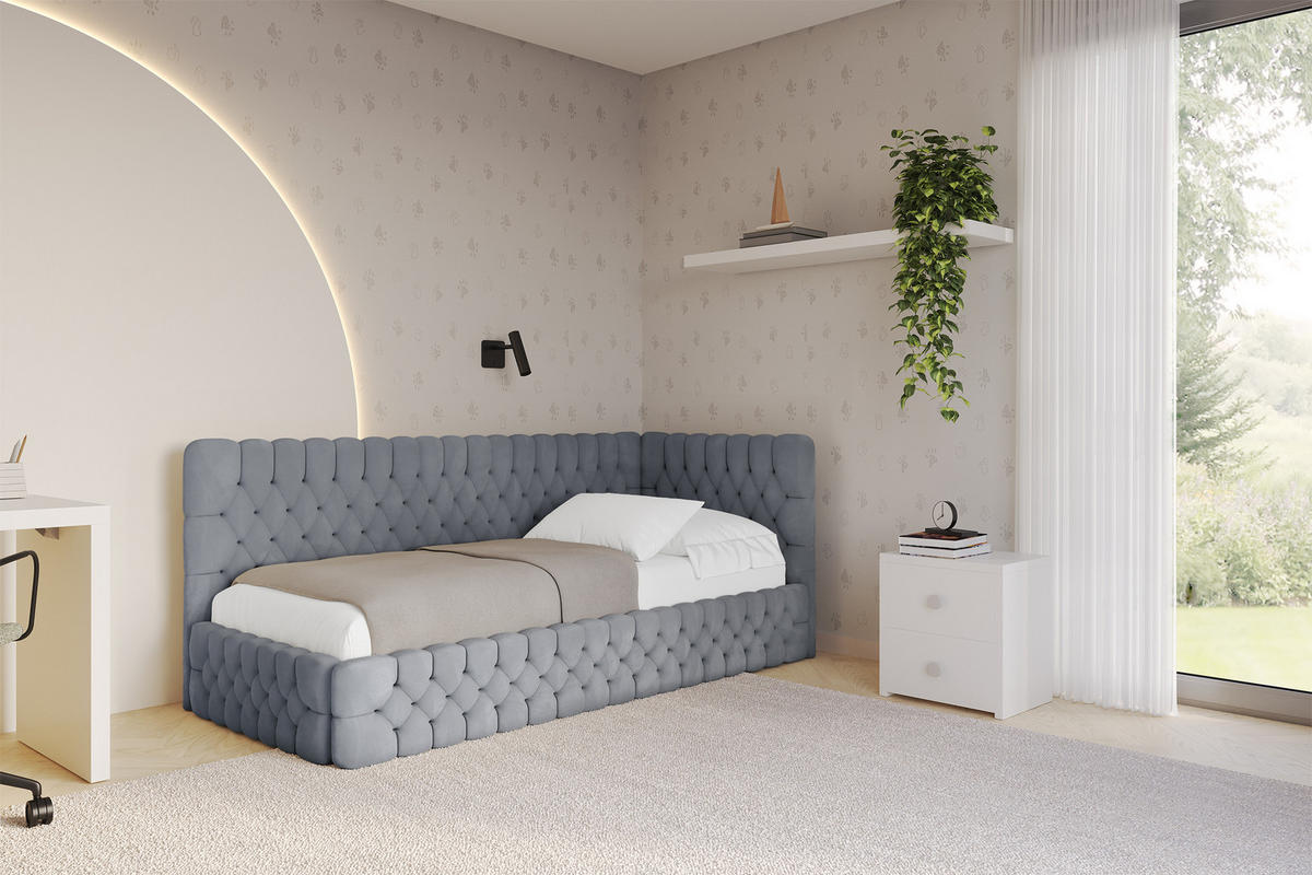 EINZELLBETT Jugendbett mit Bettkasten und Matratze H3/H4, Links - MULY 80x200 Grau - Grau, Holzwerkstoff/Textil (80/200cm) - ALTDECOR