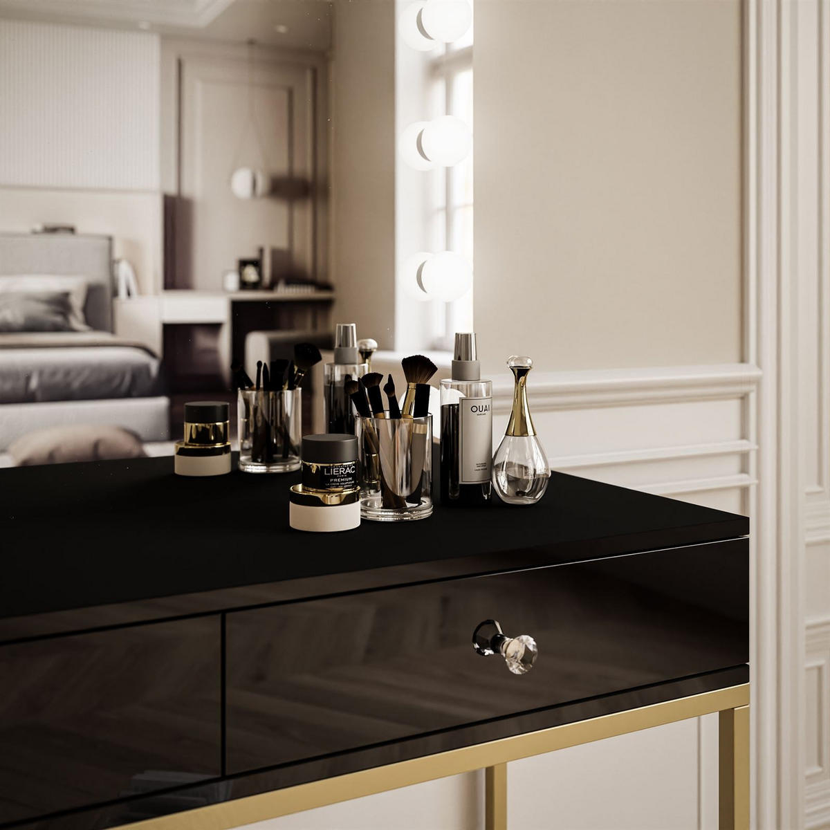 SCHMINKTISCH BLANCO GOLD ELITE mit Spiegel und Beleuchtung Schwarz Hochglanz Kristallgriff - Schwarz Hochglanz/Goldfarben, Holzwerkstoff (100/146/42cm) - Lookway