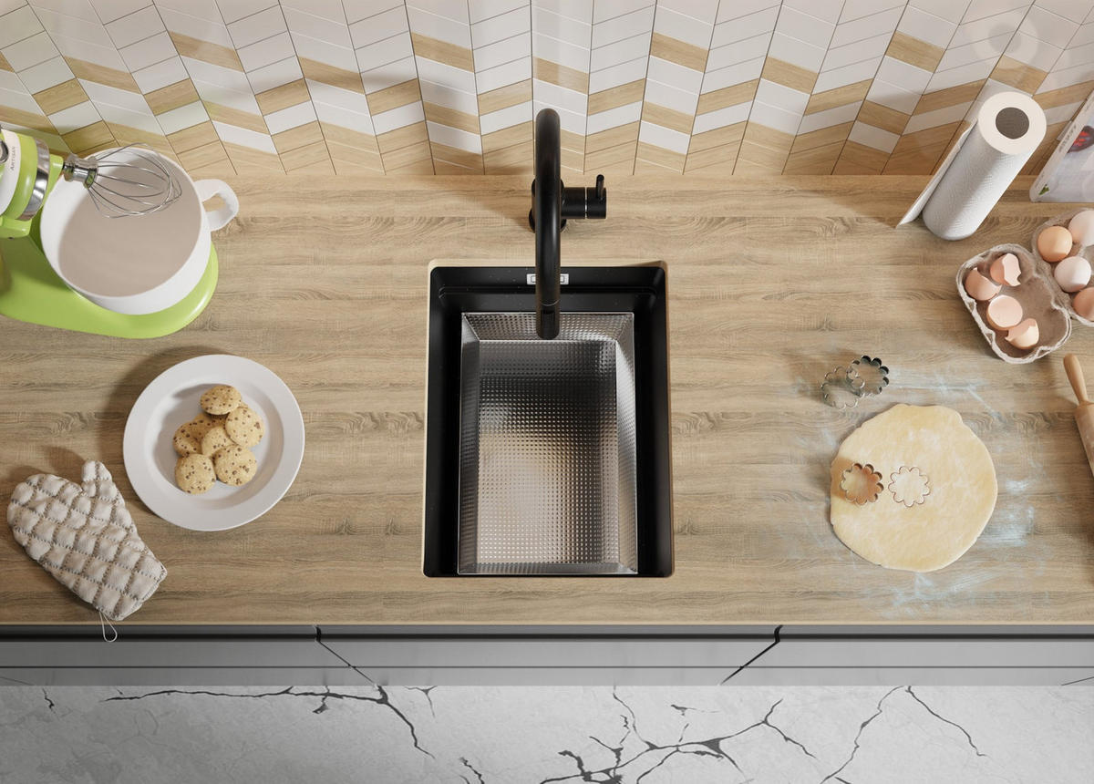 UNTERBAUSPÜLE GRANIT Praga, 2-er set Schwarz Metallic 36/47 cm 1 Becken + Ablauf-Set + Aufrollbare Abtropffläche ab 40er Unterschrank - Chromfarben/Schwarz Hochglanz, Kunststoff (36/20/47cm) - Primagran