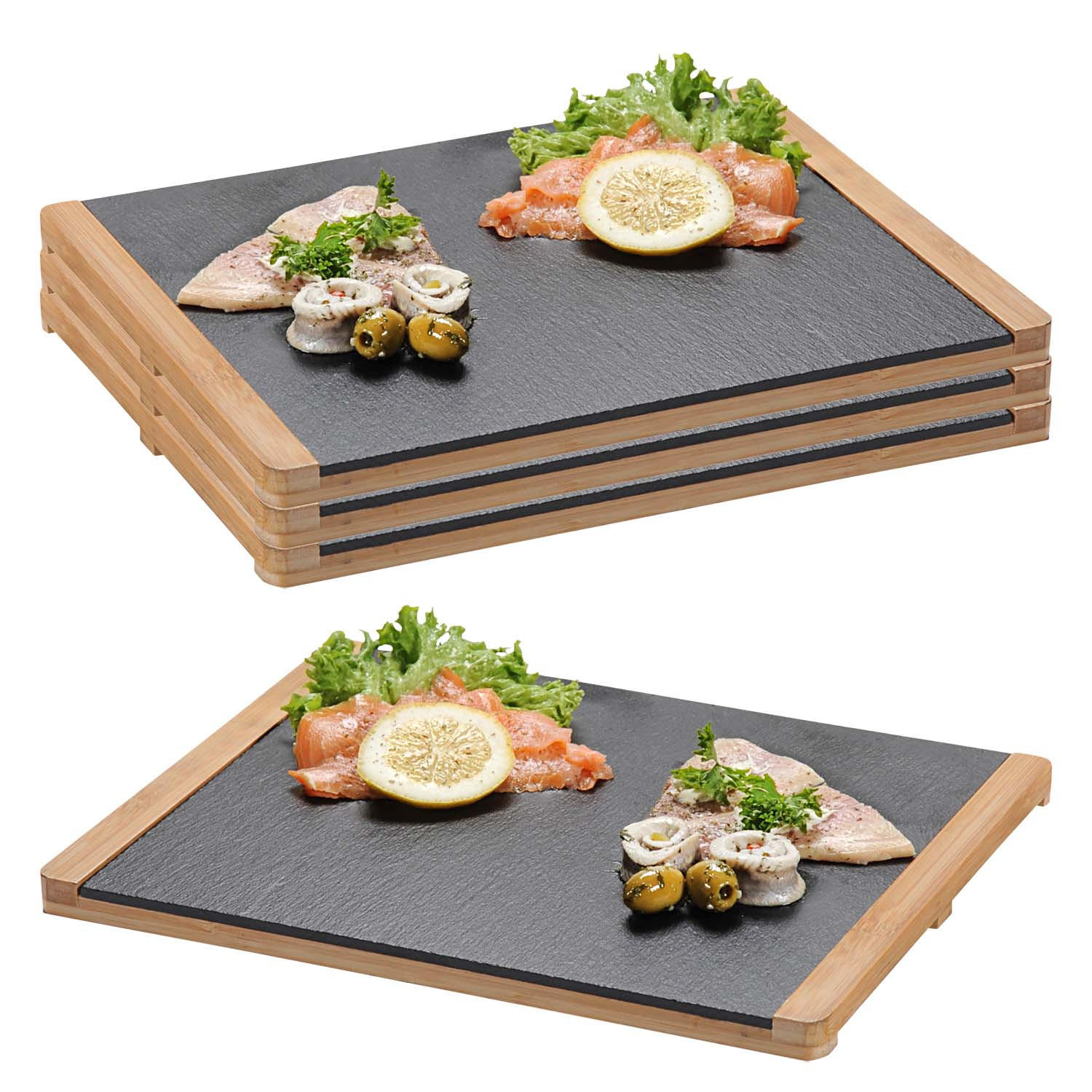 BUFFETPLATTEN, Schiefer mit Bambusrahmen, 4 Stück - 34 x 26cm - Schwarz, Stein (26/1.5/34cm)