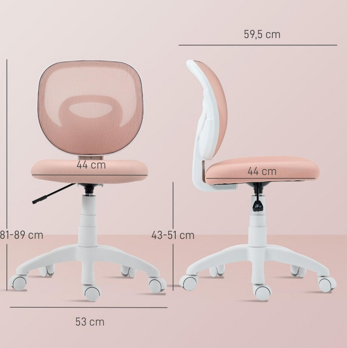 BÜROSTUHL in Rosa 53x59,5x89 cm, höhenverstellbar, ohne Armlehnen - Pink, Kunststoff (59.5/89/53cm) - IVMEU