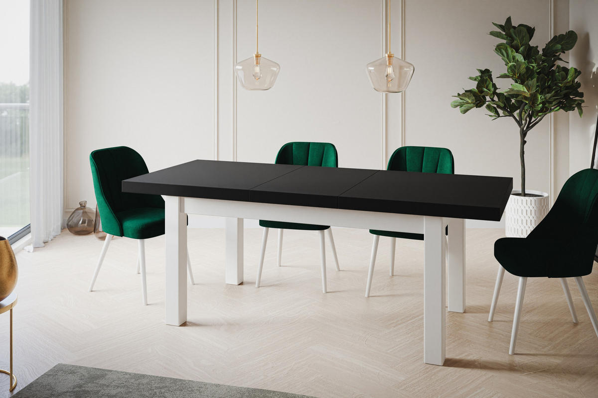 ESSZIMMERTISCH CLASSIC, ausziehbarer Tisch 120-160X80X78 cm, Farbe: Schwarz, mit Holzbeinen in Farbe Weiß - Schwarz/Weiß, Holzwerkstoff (120/80/78cm) - Alpi-Möbel