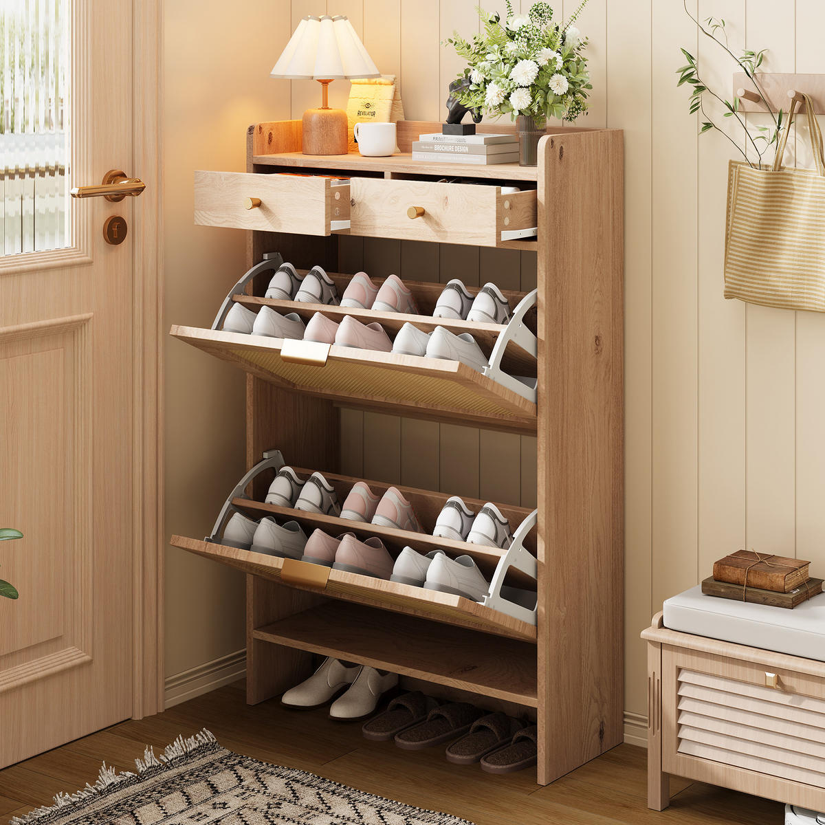 SCHUHSCHRANK 65x25x106cm Holzoptik mit Rattan-Doppeltüren - Naturfarben, Holzwerkstoff (65/106/25cm) - FLIEKS