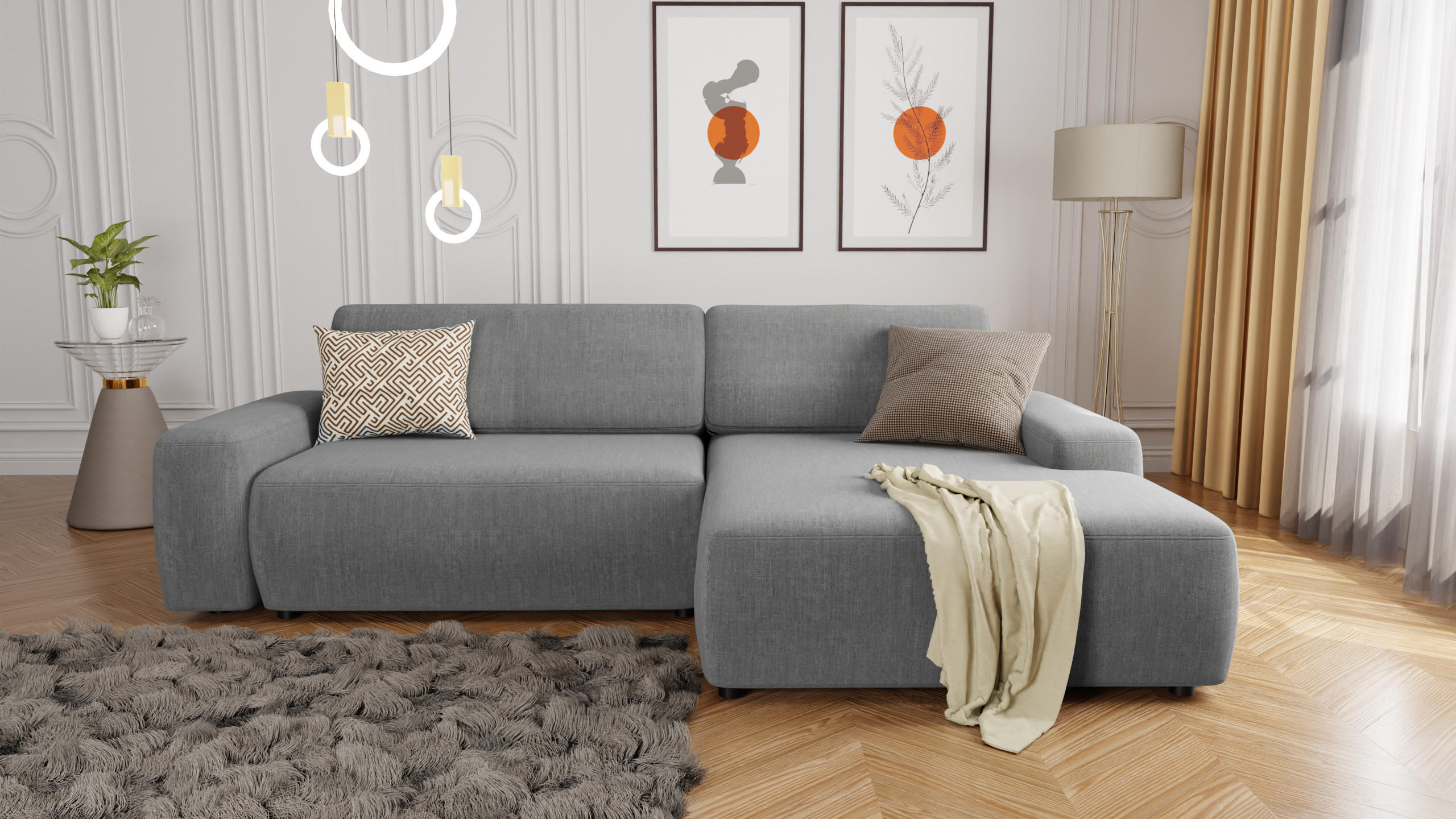 Thumbnail - S-Style Möbel Ecksofa, Hellgrau, Textil, Echtholz,Buche, Birke, 5-Sitzer, Füllung: Silikon,Polyetherschaumkern, Eckteil,...