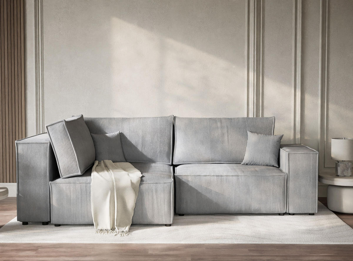 ECKSOFA MIT SCHLAFFUNKTION Tonga Hellgrau Samtstoff - Hellgrau/Schwarz, Holz/Holzwerkstoff (105/225cm) - Maison de Reve