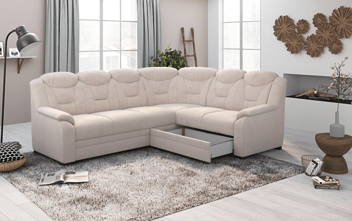 ECKSOFA mit Schlaffunktion und Bettkasten – weiches Chenille-Gewebe - Sandfarben/Beige, Holz/Kunststoff (211/263cm) - Cotta