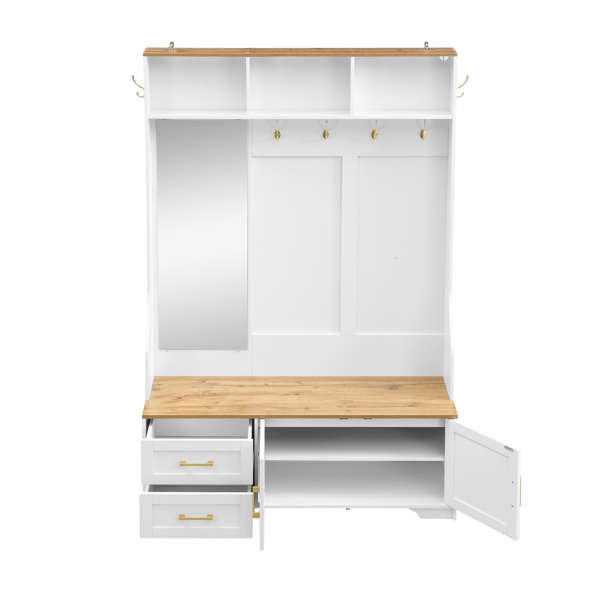 DIELENGARDEROBE 120/40/187 cm mit Spiegel, Sitzbank und LED in Weiß/Holzfarbe - Weiß, Holzwerkstoff (40/187/120cm) - BEAOK