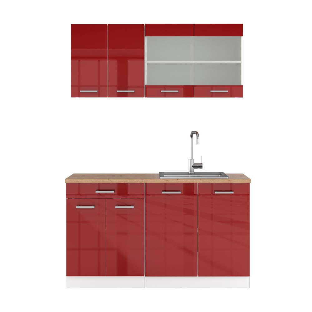 KÜCHENZEILE R-Line Bordeaux Hochglanz/Weiß 140 cm, AP Eiche - Bordeaux/Weiß, Holzwerkstoff (140/81.6/60cm) - Vicco