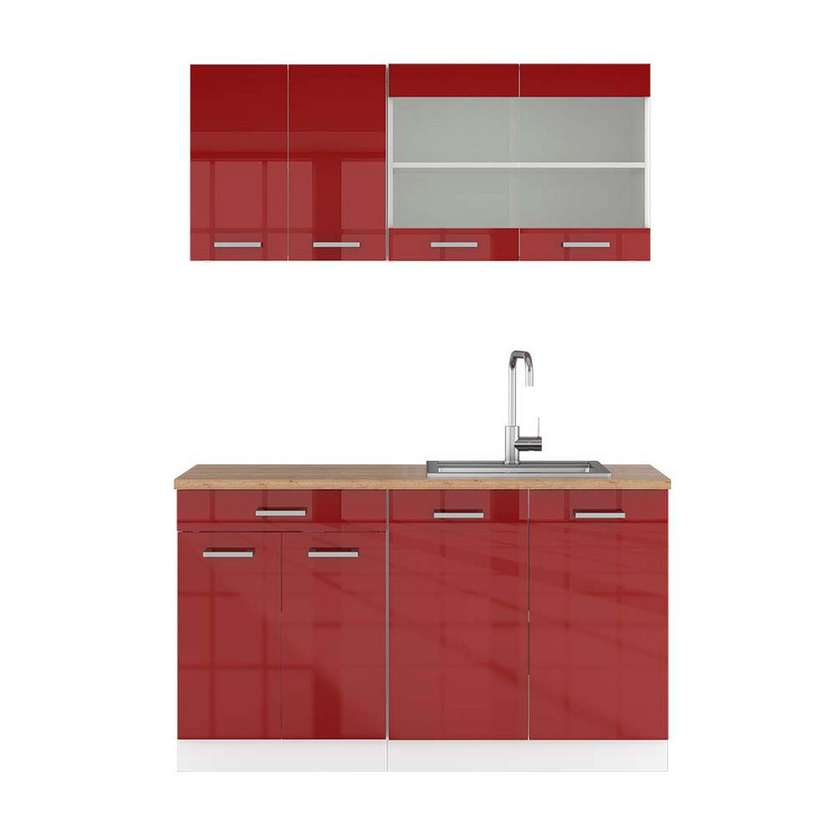 KÜCHENZEILE R-Line Bordeaux Hochglanz/Weiß 140 cm, AP Eiche - Bordeaux/Weiß, Holzwerkstoff (140/81.6/60cm) - Vicco