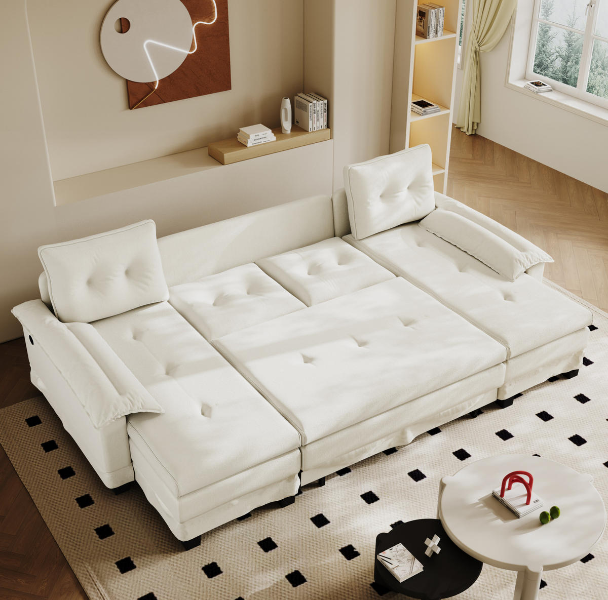 SOFA-BETT U-Form mit USB und Schlaffunktion 278 cm Chenille Beige - Beige, Textil (127/87/278cm) - Meubliv