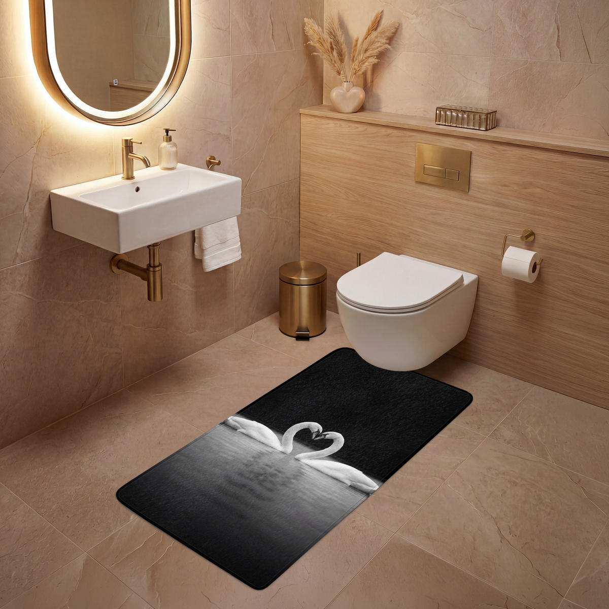 WC PŘEDLOŽKA Labutě - srdce - černá - bílá 60x120 cm - černá, textil/plast (60/1cm) - OnlyWow