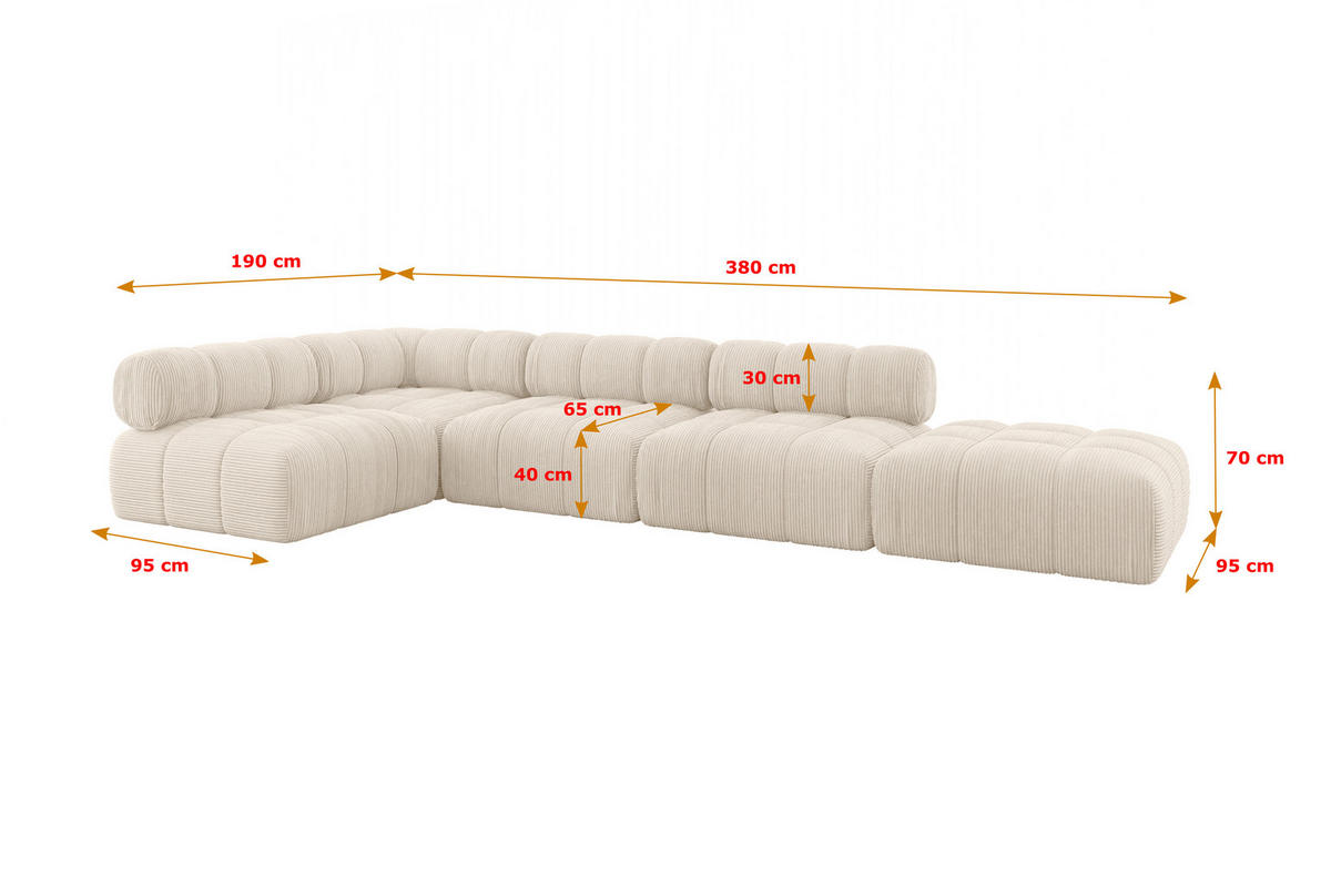 ECKSOFA modulares Sofa Favio-L2 - 380x190x70 cm Beige Cord - Beige, Holzwerkstoff/Textil (380/190cm) - ALTDECOR