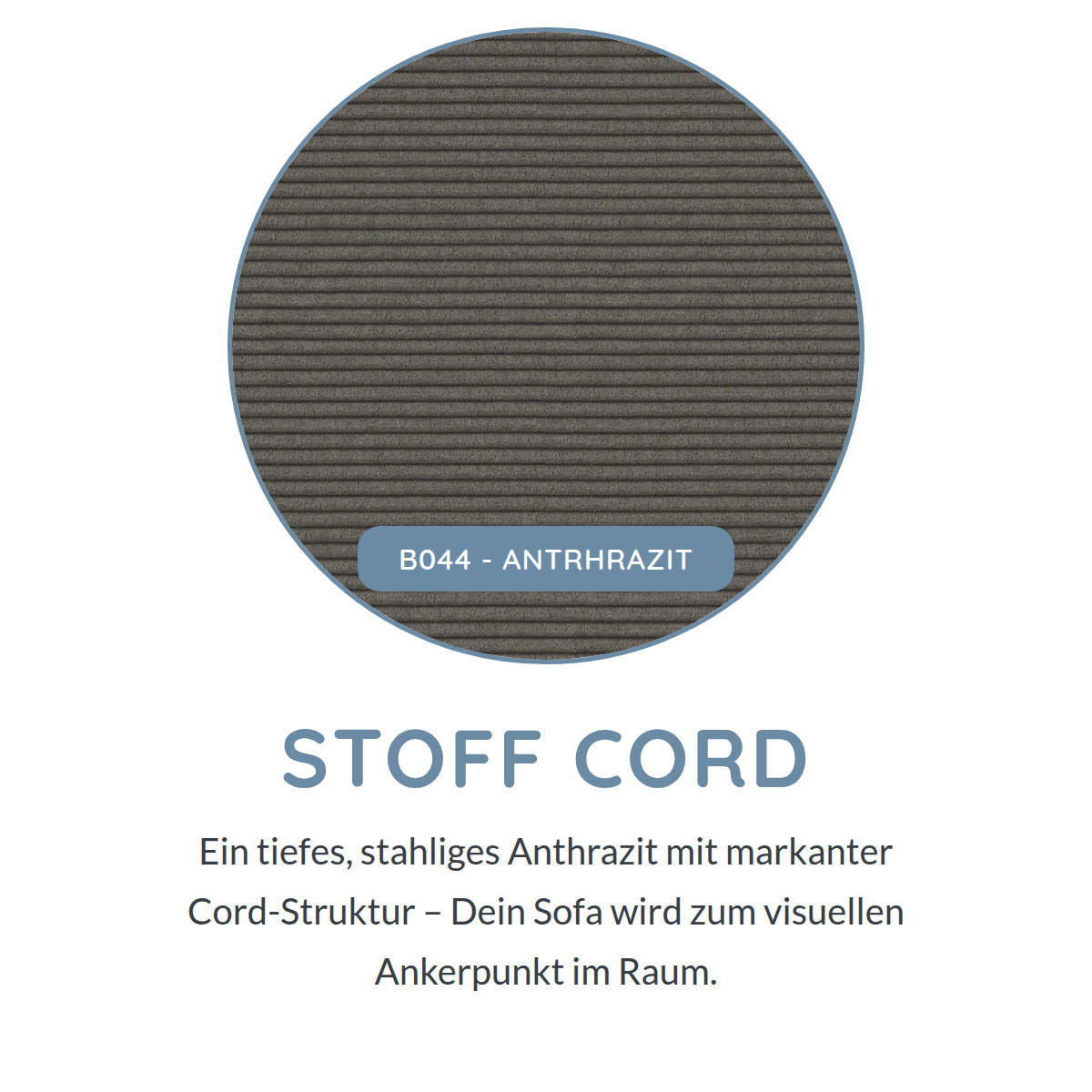 3-SITZER Umea Cord Grau 204/106/78 cm - Anthrazit, Kunststoff/Textil (204/78/106cm) - foamnova