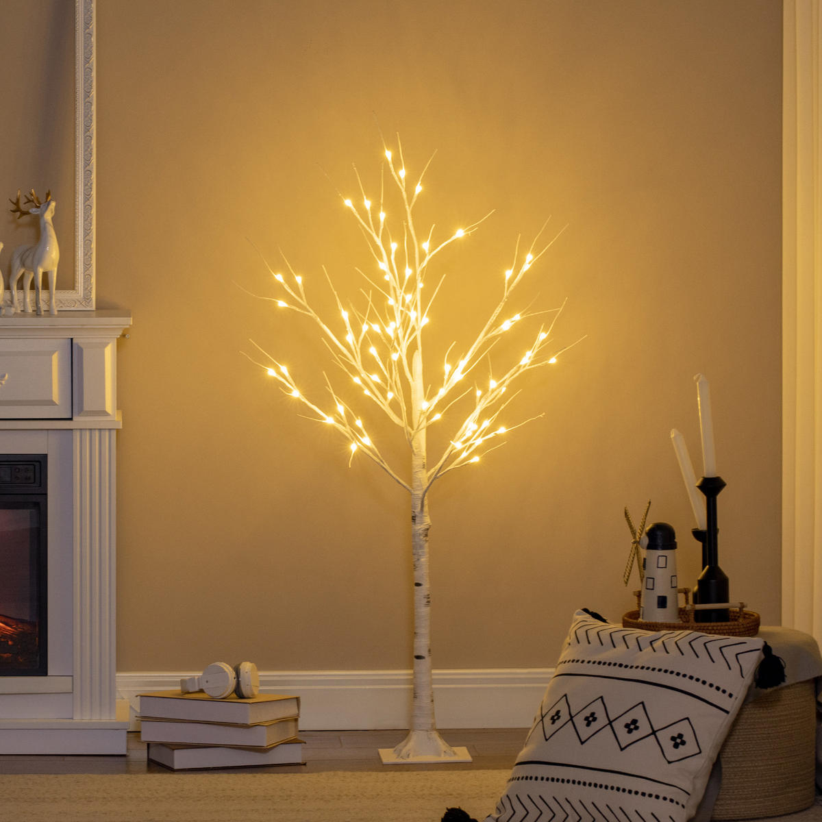 120 cm Kunstbirke Kunstbaum mit LED-Beleuchtung für Weihnachten Ostern Warmweiß - Weiß, Kunststoff (17/17/120cm) - HOMCOM