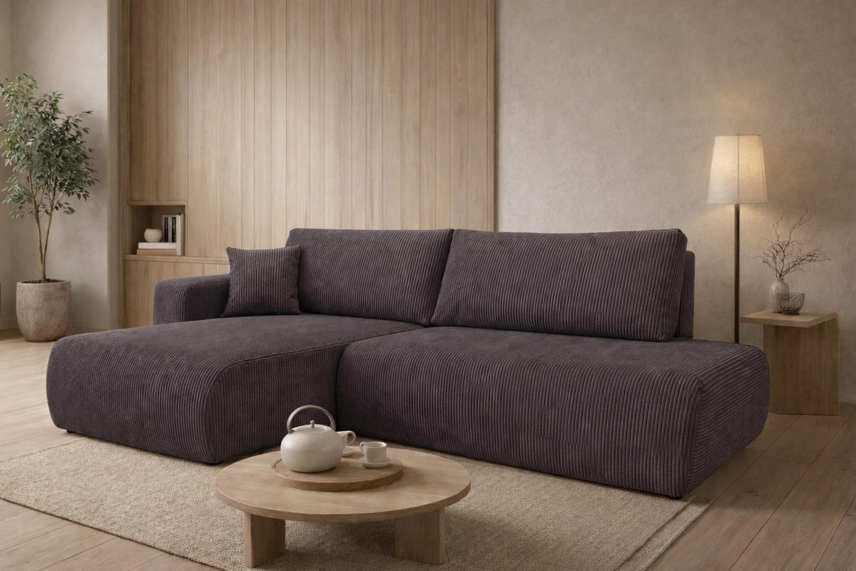 ECKSOFA Mit Schlaffunktion Und Bettkasten, Cordstoff Poso, Dunkelgrau, Links, OPEN XL - Dunkelgrau, Holz (262/145cm) - Kaiser Möbel