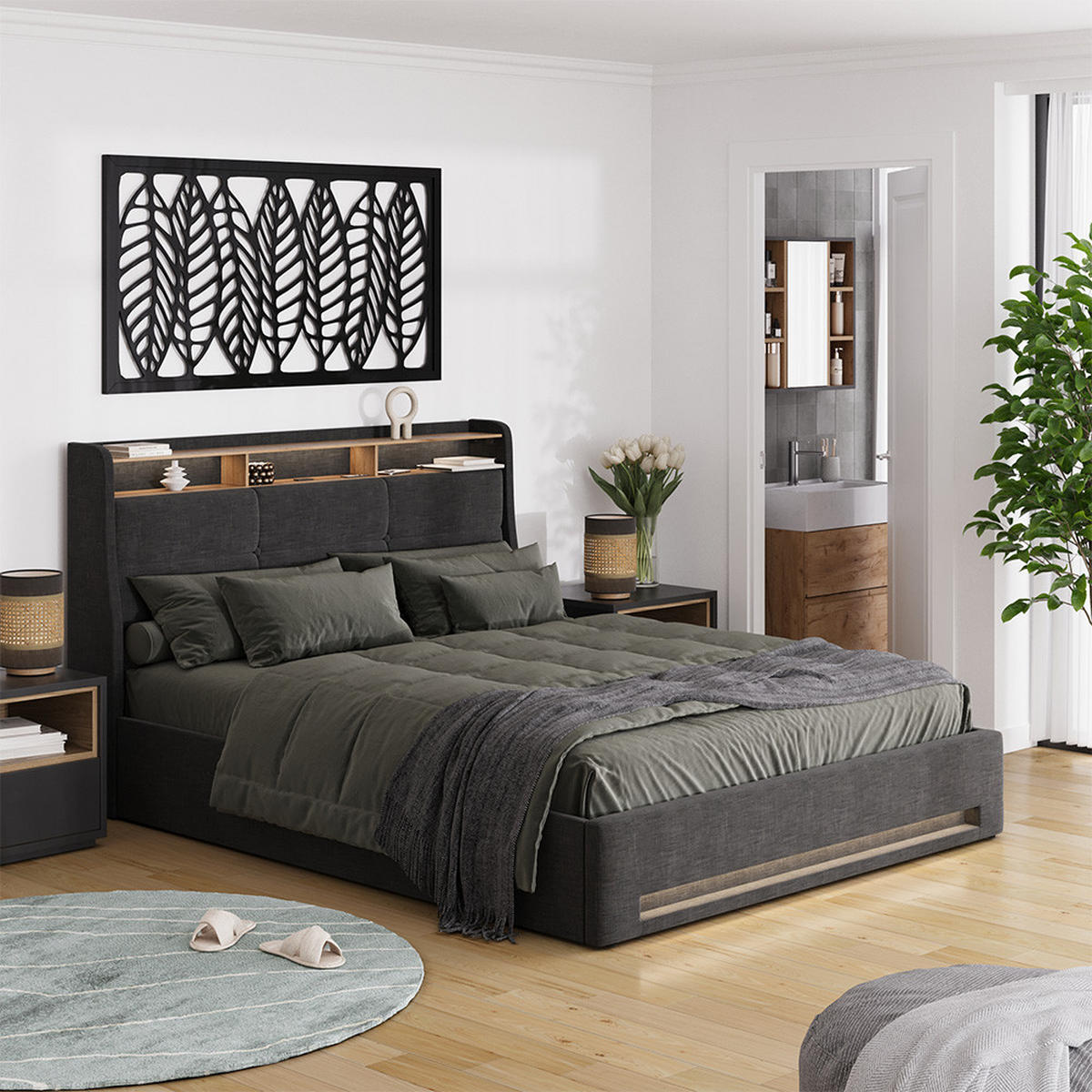 ČALOUNĚNÁ POSTEL Christin Antracit/dub - antracitová, kompozitní dřevo - VitaliSpa