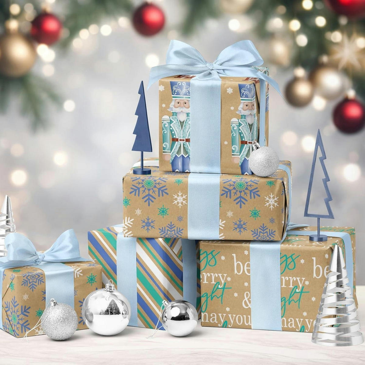 GESCHENKPAPIER 4 Rollen Kraftpapier Weihnachtsmotive 76 x 300 cm - Multicolor, Papier (4/76/15cm)