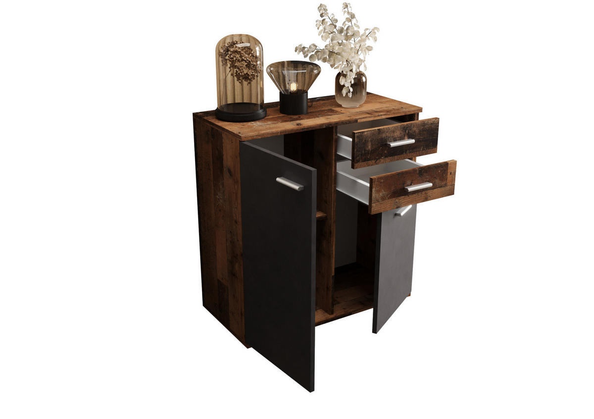 KOMMODE London LMK 2D2S mit 2 Türen, Sideboard in Farbe: Dunkelbraun|Schwarz, Größe: 71 x 75 x 35 cm - Dunkelbraun/Schwarz, Holzwerkstoff (71/75/35cm) - O-Sofa