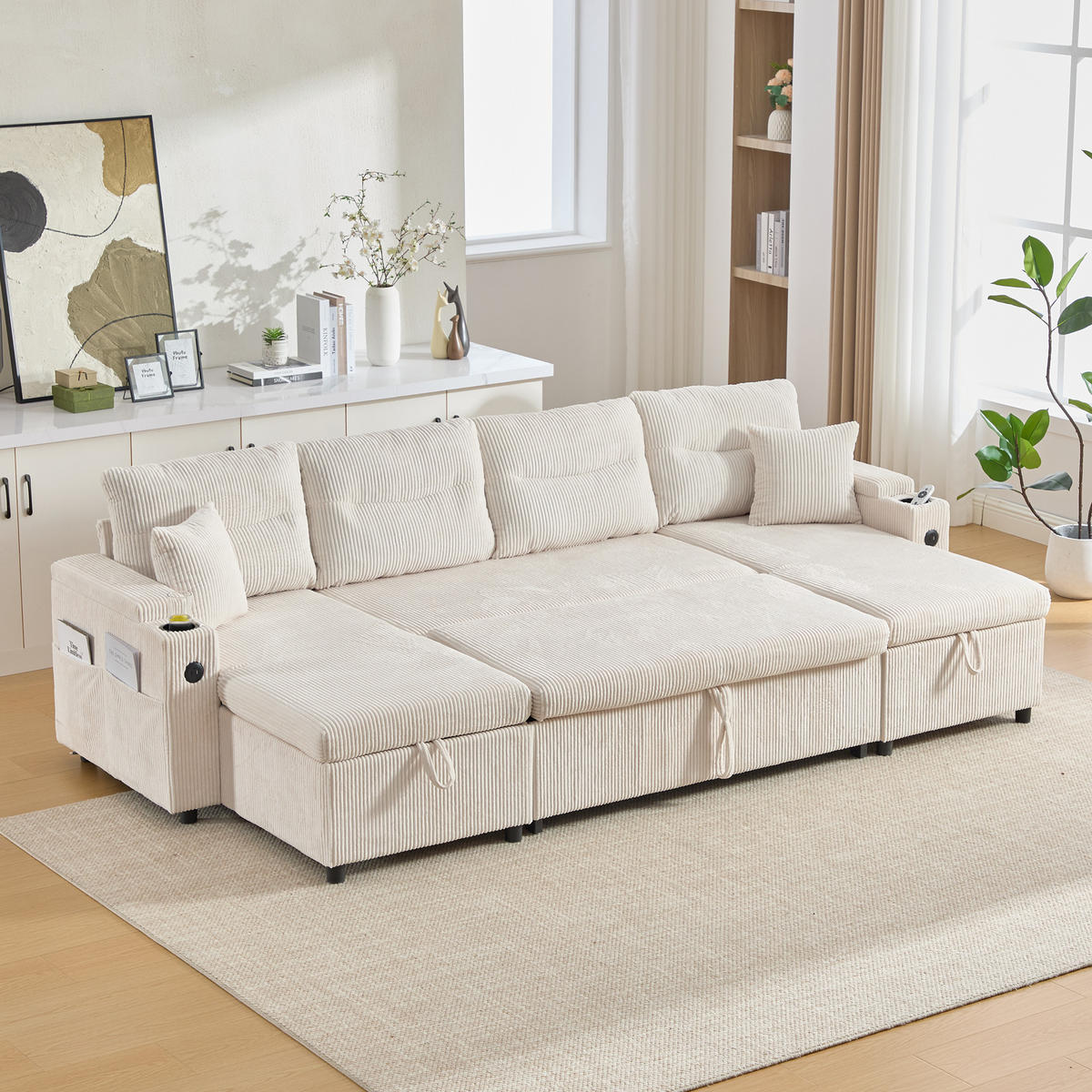 SCHLAFSOFA 4-Sitzer mit Chaiselongues, USB und Stauraum, Beige - Beige, Textil (272/86/136cm)