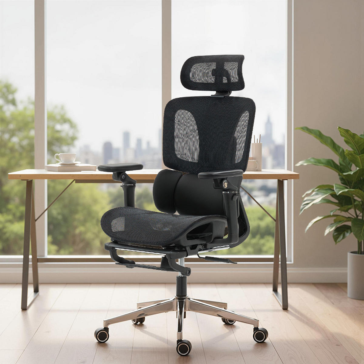 BÜROSTUHL Ergonomisch Schreibtischstuhl mit verstellbar Lenden- und Kopfstütze 6D-Klapparmlehnen Fußstütze Netz Schwarz - Schwarz, Textil (67/133/71cm)