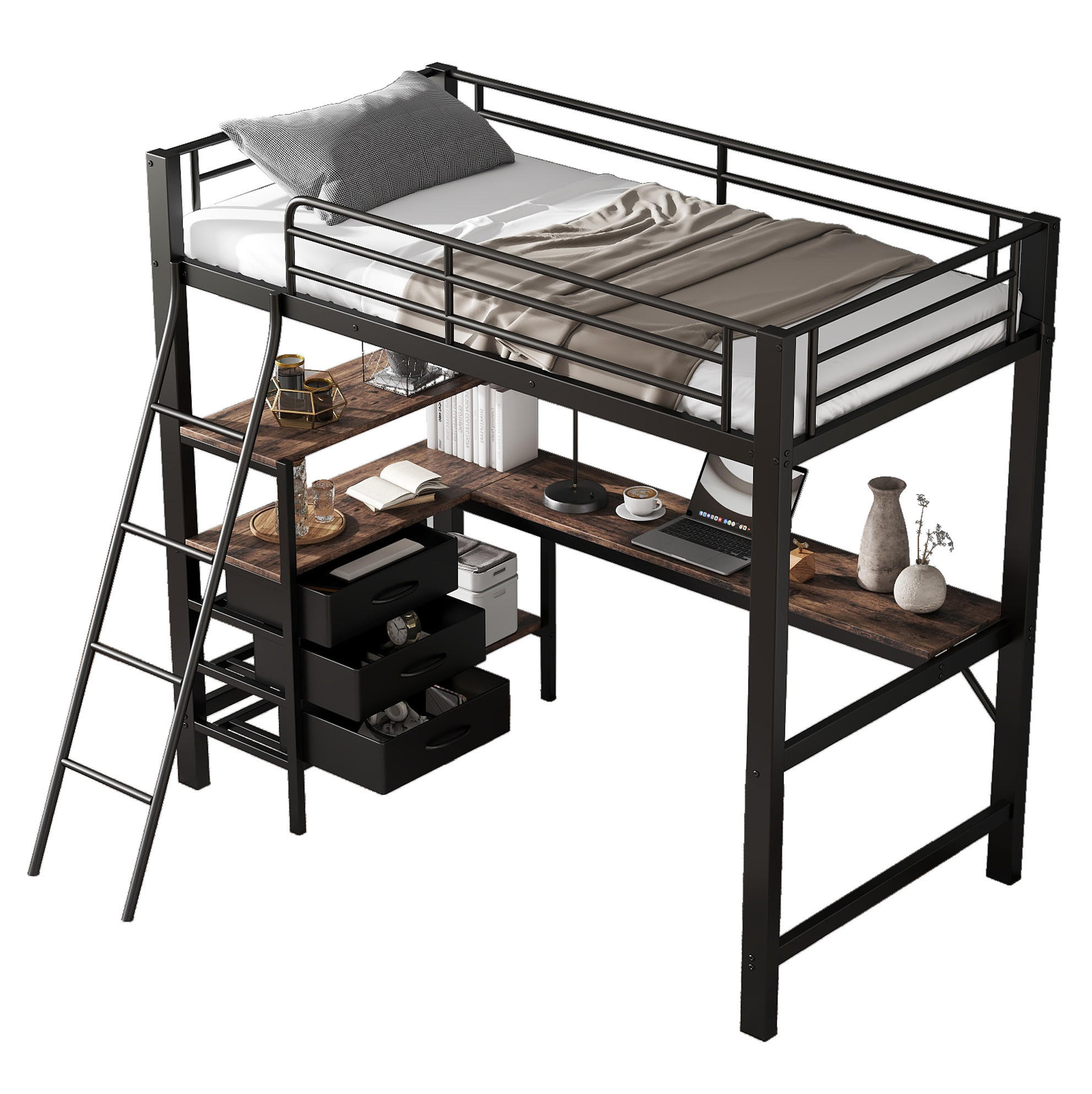 HOCHBETT 90/200 cm in Schwarz mit 2 m Schreibtisch und 3 Schubladen - Schwarz, Metall (90/200cm) - Flora Grace