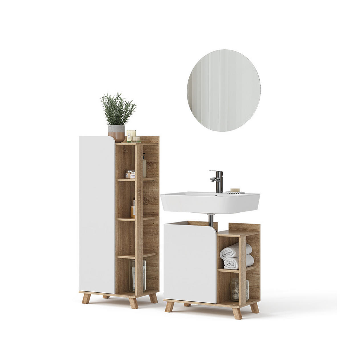 BADMÖBEL-SET Karen Sonoma/Weiß 3 Teile - Weiß/Sonoma Eiche, Holzwerkstoff (60/65/35cm) - Vicco