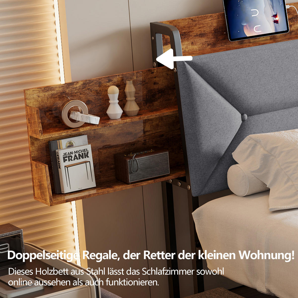 POLSTERBETT 140/200 cm mit beidseitigen Stauraumschubladen, separate Holz-Wandablagen mit USB-Anschluss, grauer Leinenoptik-Bezug - Grau, Holz/Metall (140/200cm) - Joyfair