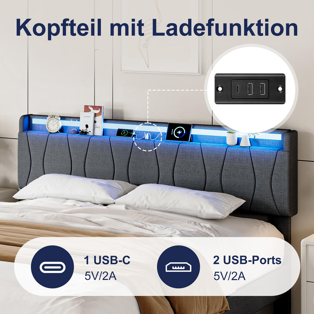 BETT 140x200 mit lattenrost, polsterbett mit USB und LED, leinenstoff, grau - Grau, Holz/Metall (140/200cm) - GENKI LIVING