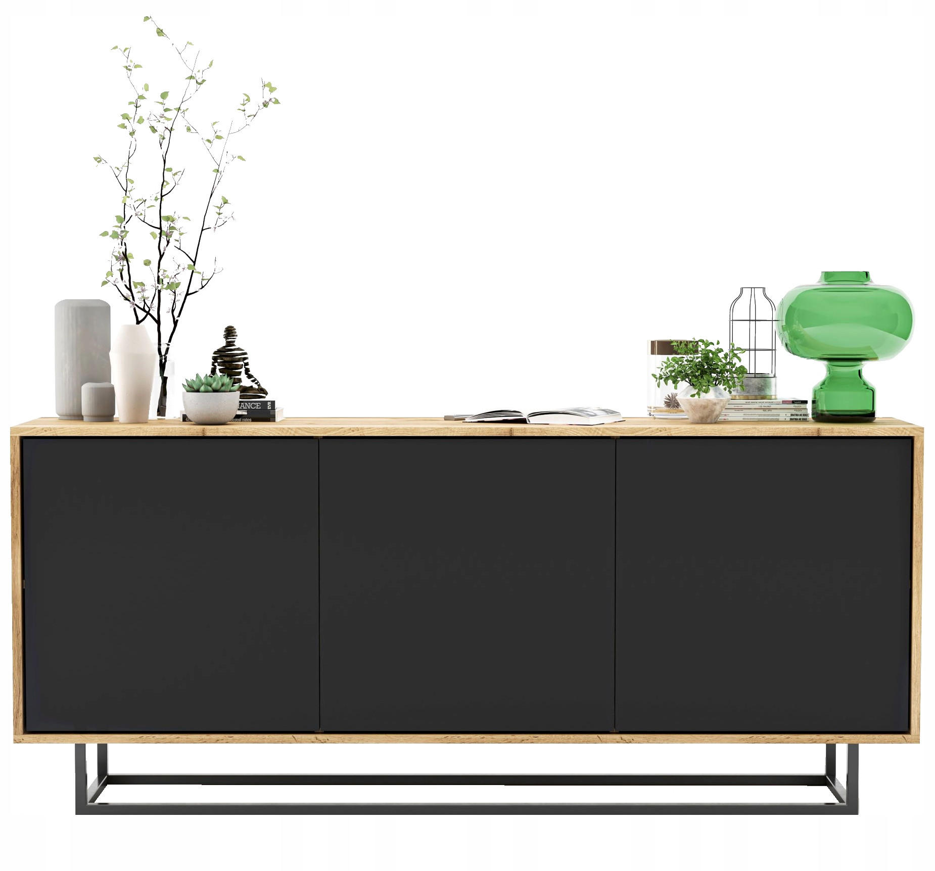 KOMMODE Apollo 3D Eiche wotan Schwarz Matt 168 cm - Schwarz, Holzwerkstoff/Metall (168/72/35cm) - Meble Lindner
