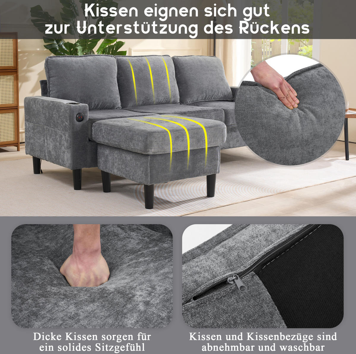 ECKSOFA L-Form Leinen mit USB-Anschluss und Typ-C Getränkehalter 202/137/80 cm Grau - Grau, Textil (137/202cm) - Redom