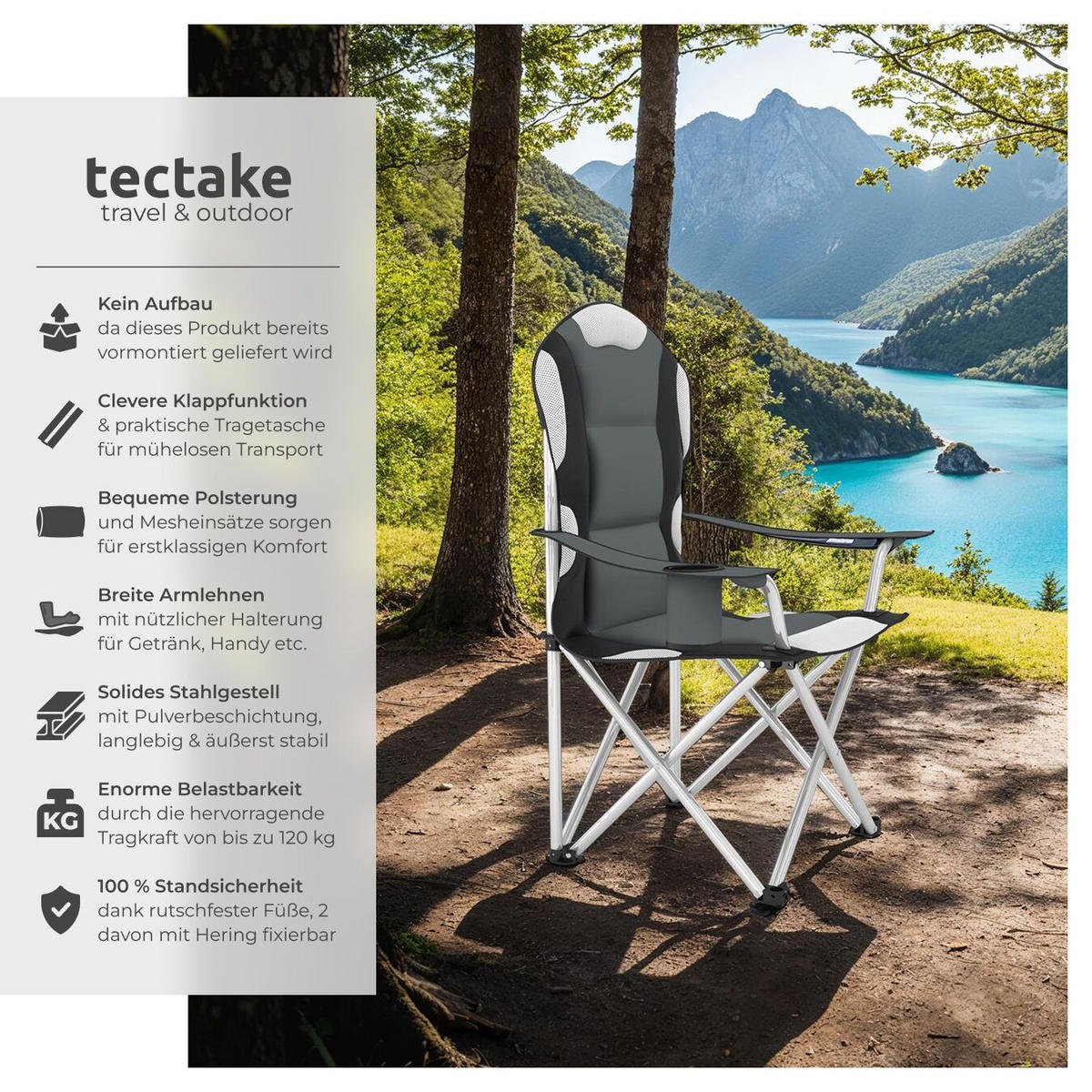 CAMPINGSTUHL 4er Set, 60 x 88 x 110 cm, grau - Grau, Textil (88/110/60cm) - tectake