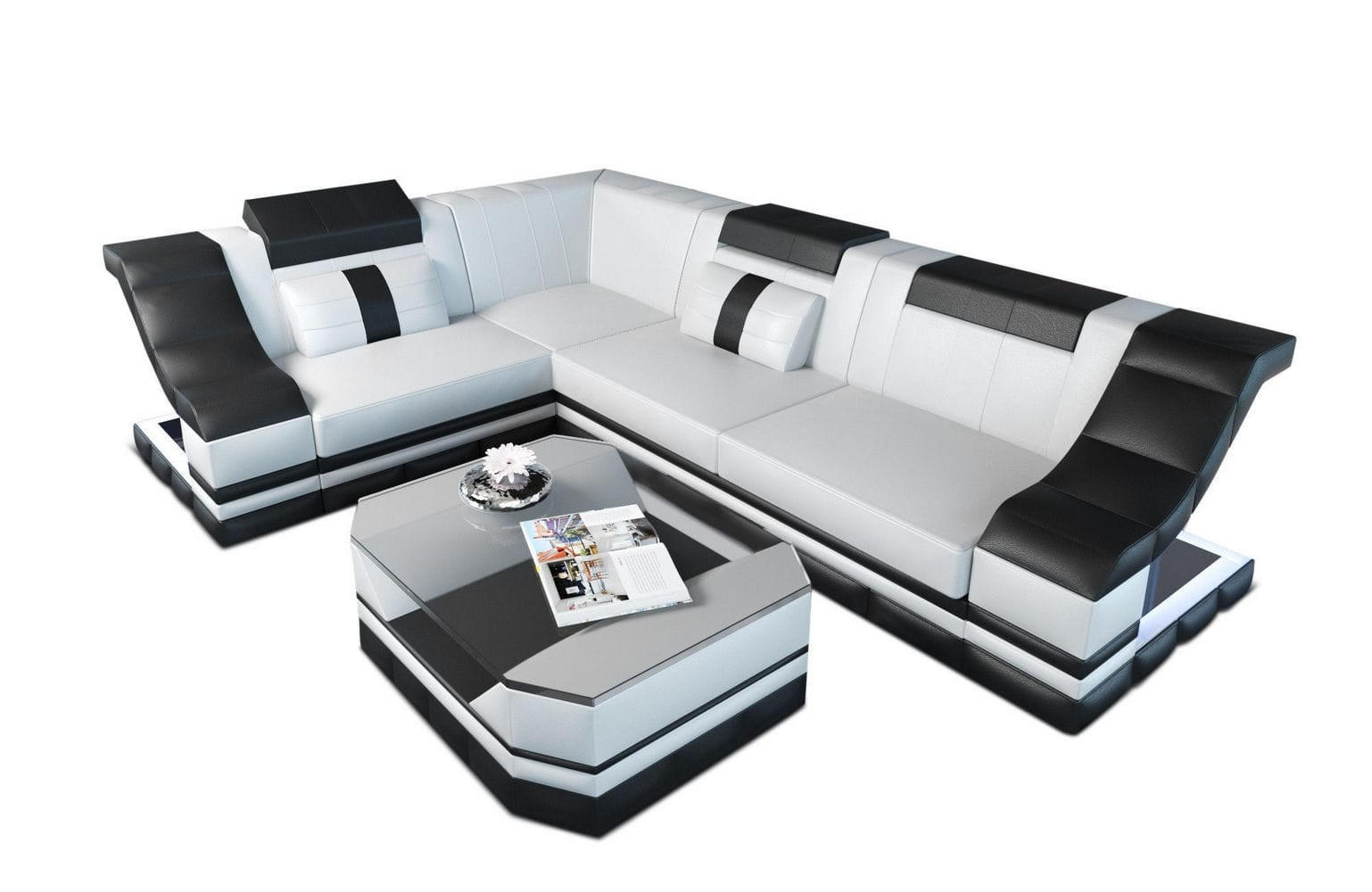 COUCH Bianchi Weiß Schwarz Echtleder - Weiß, Leder (271/196cm)